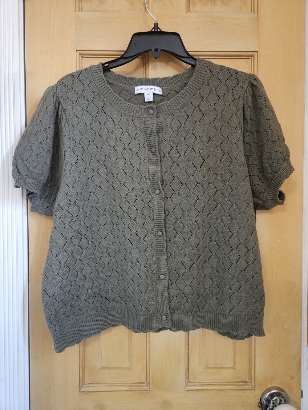 And Now This Olive Green Openwork Knit Button Front Cardigan